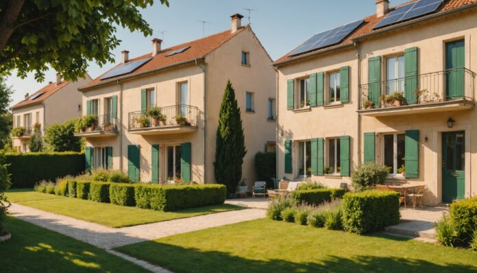 Climat et immobilier : quartier résidentiel sous forte chaleur en France Quartier résidentiel français sous une chaleur estivale, illustrant l'impact du climat sur les choix immobiliers