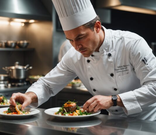 Bocuse d’Or 2027 : le chef français Maxence Baruffaldi en route vers la finale mondiale à Lyon Chef cuisinier dressant une assiette gastronomique dans une cuisine de concours
