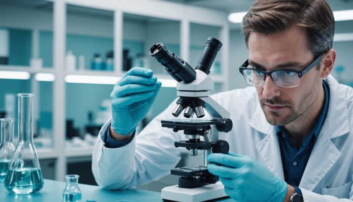Analyse en laboratoire d'un échantillon d'eau contaminée à l'uranium Chercheur examinant un échantillon d'eau en laboratoire scientifique