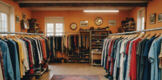 La seconde main s’impose dans le shopping des Français Intérieur d'une friperie avec des vêtements de seconde main sur des portants