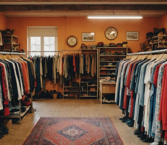 La seconde main s’impose dans le shopping des Français Intérieur d'une friperie avec des vêtements de seconde main sur des portants