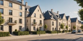 Immobilier ancien : pourquoi les appartements résistent mieux que les maisons Rue résidentielle avec immeubles et maison individuelle, illustration immobilier ancien