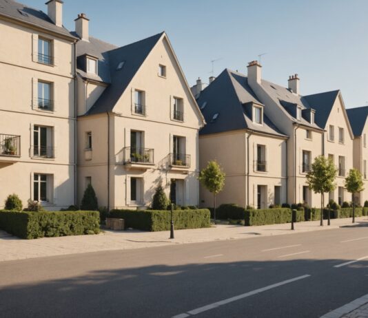 Immobilier ancien : pourquoi les appartements résistent mieux que les maisons Rue résidentielle avec immeubles et maison individuelle, illustration immobilier ancien
