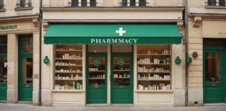 French Pharmacy : pourquoi les touristes du monde entier dévalisent les pharmacies françaises Pharmacie française avec croix verte et vitrine de produits cosmétiques