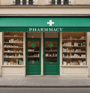 French Pharmacy : pourquoi les touristes du monde entier dévalisent les pharmacies françaises Pharmacie française avec croix verte et vitrine de produits cosmétiques