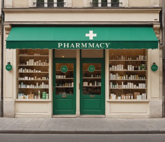 French Pharmacy : pourquoi les touristes du monde entier dévalisent les pharmacies françaises Pharmacie française avec croix verte et vitrine de produits cosmétiques
