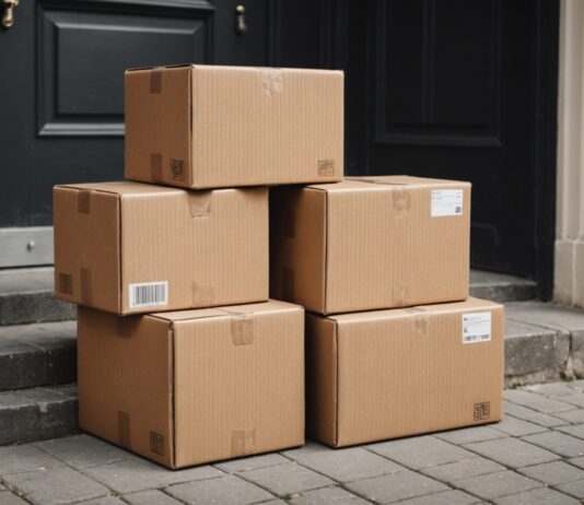 Taxe sur les petits colis : les ventes de Shein, Temu et AliExpress plongent Colis de livraison empilés sur le pas d'une porte, illustration de la taxe européenne sur les petits colis