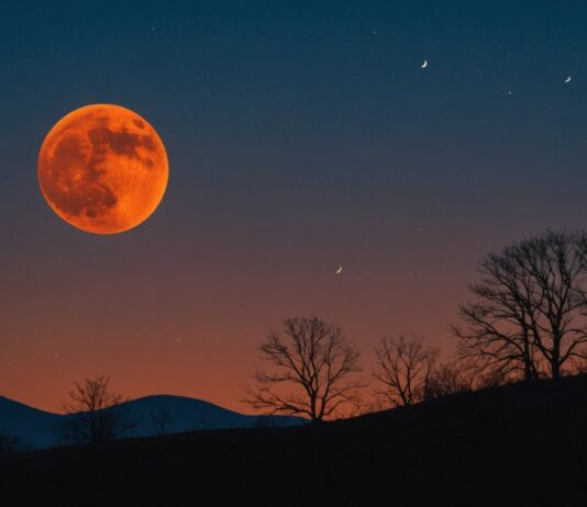 Éclipse lunaire partielle : comment observer la Lune cuivrée avant l’aube Éclipse lunaire partielle avec Lune cuivrée basse sur l'horizon au lever du jour