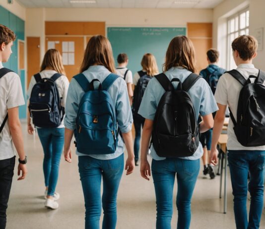 Téléphone portable interdit au lycée : ce qui change à la rentrée scolaire Lycéens entrant dans une salle de classe le jour de la rentrée scolaire, sans téléphone portable visible