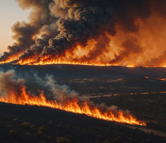 Incendies de forêt : le changement climatique a doublé le risque en France Feu de forêt vu de loin au crépuscule, fumée épaisse sur des collines asséchées