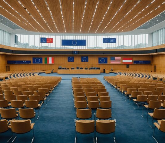 Élection présidentielle en Estonie 2026 : comment fonctionne le vote indirect du Parlement Salle de parlement avec sièges alignés et drapeaux nationaux, ambiance institutionnelle