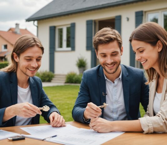 Prêt à taux zéro : le coup de pouce qui facilite l’achat d’un premier logement Jeune couple recevant les clés de sa maison, symbole de l'accession à la propriété grâce au prêt à taux zéro