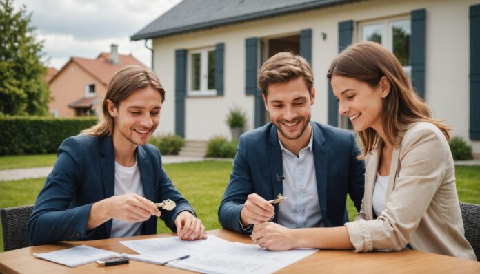 Jeune couple recevant les clés de sa maison, symbole de l'accession à la propriété grâce au prêt à taux zéro