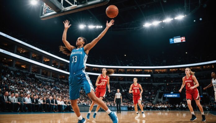Joueuse de basket féminin tirant à 3 points lors d'un match international
