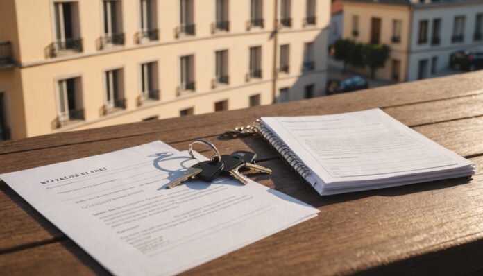 Immeuble résidentiel et clés de location, encadrement des loyers Clés de logement posées sur un bail de location devant un immeuble résidentiel français