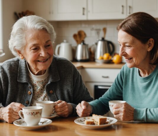 Cohabitation intergénérationnelle : quand seniors et jeunes actifs choisissent de vivre ensemble Une senior et une jeune adulte partagent un thé dans une cuisine lumineuse, illustration de la cohabitation intergénérationnelle