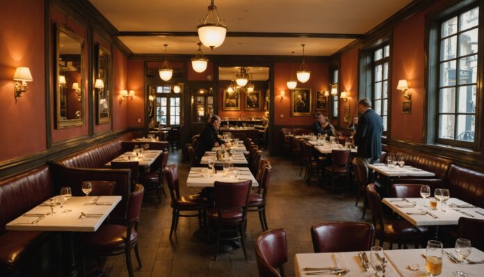 Salle de restaurant bouillon à la française, décor Belle Époque, grandes tablées