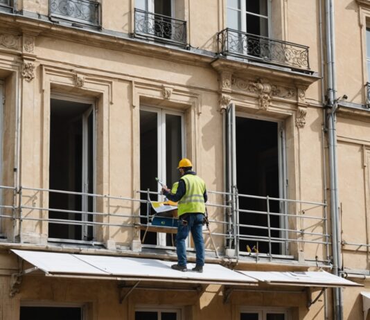 Rénovation énergétique : la mention obligatoire qui doit apparaître dans toutes les publicités Façade d'immeuble en travaux de rénovation énergétique avec échafaudage