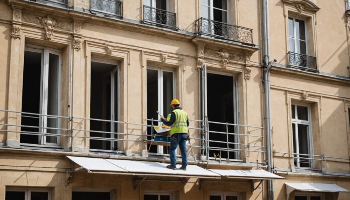 Façade d'immeuble en travaux de rénovation énergétique avec échafaudage