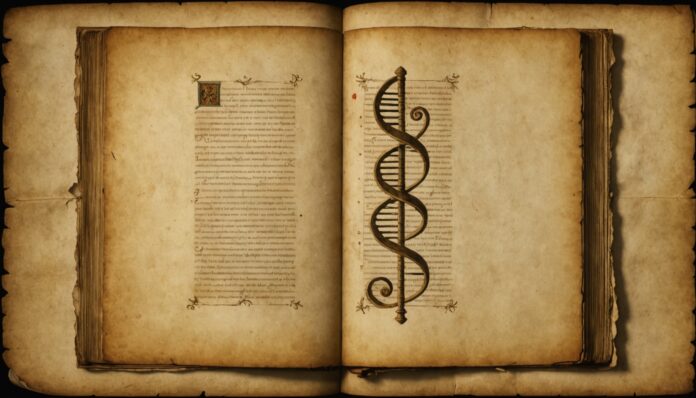 Manuscrit médiéval en parchemin et ADN ancien Illustration d'un manuscrit médiéval en parchemin avec un motif d'ADN, symbolisant la découverte d'un virus ancien