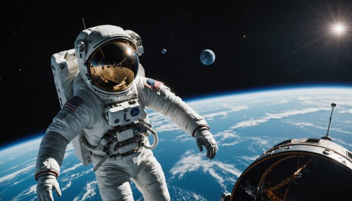 Astronaute en sortie extravéhiculaire près d'une capsule spatiale en orbite Astronaute flottant dans l'espace près d'une capsule d'amarrage, Terre en arrière-plan
