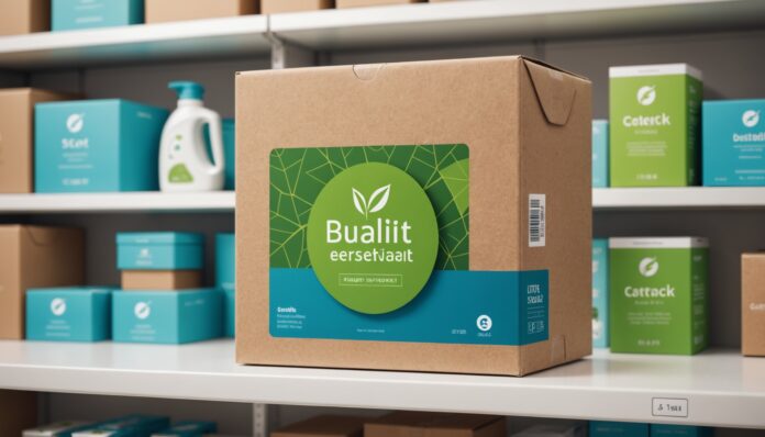 Illustration d'une etiquette de durabilite posee sur un produit de consommation, symbole des achats responsables