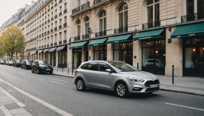 Voiture de location garée dans une rue parisienne haussmannienne