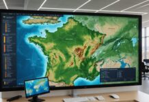 Cartes.gouv.fr : le nouveau portail public qui remplace le Géoportail Écran affichant une carte numérique du territoire français dans un bureau de service public