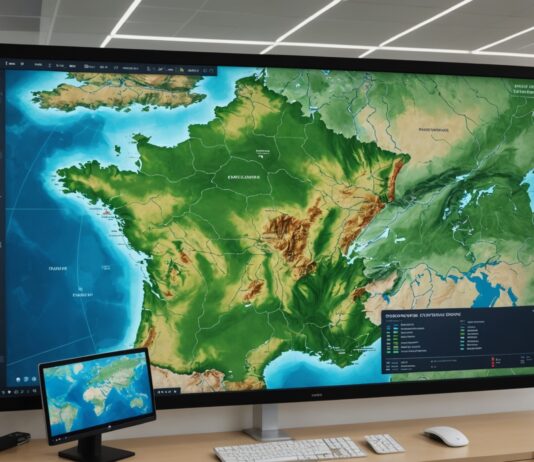 Cartes.gouv.fr : le nouveau portail public qui remplace le Géoportail Écran affichant une carte numérique du territoire français dans un bureau de service public