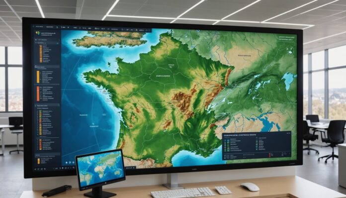Écran affichant une carte numérique du territoire français dans un bureau de service public
