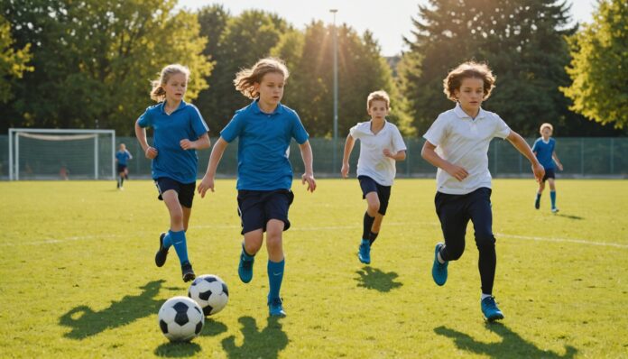 Des élèves pratiquent une activité sportive en extérieur dans une cour d'établissement scolaire