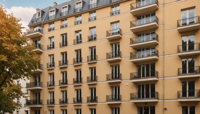 Façade d'immeuble résidentiel français, marché du crédit immobilier Façade d'immeuble résidentiel avec balcons sous un ciel d'automne