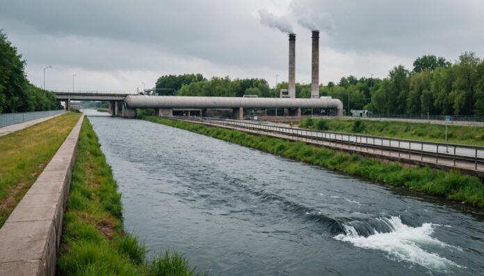 Tuyau de rejet industriel dans une rivière, illustration de la redevance pollueur-payeur PFAS
