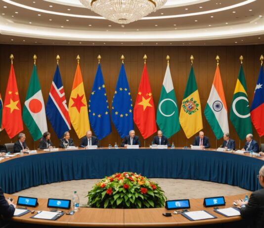Sommet des BRICS à New Delhi : ce que contient vraiment la déclaration Salle de sommet international avec drapeaux des pays membres des BRICS