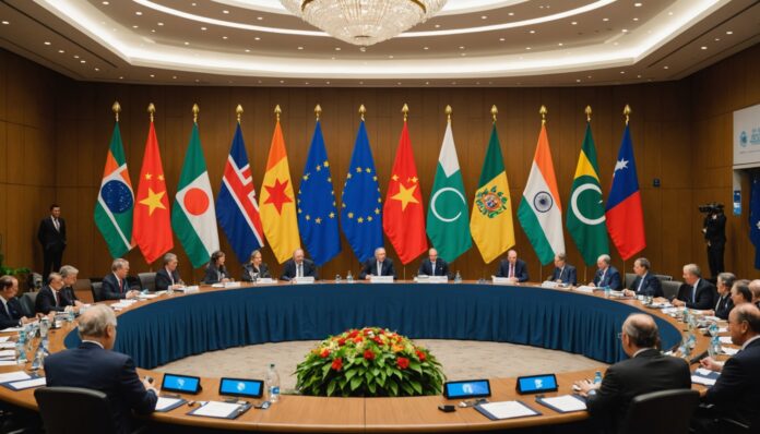 Salle de sommet international avec drapeaux des pays membres des BRICS