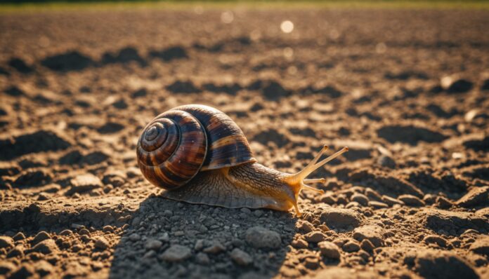 Escargot dans un élevage français touché par la canicule Escargot sur sol sec et craquelé dans une exploitation française en période de canicule