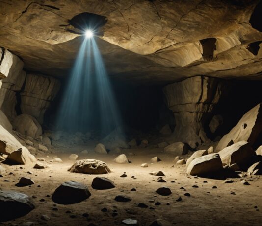 Pourquoi des empreintes de dinosaures géants se trouvent au plafond d’une grotte en Lozère Empreintes fossiles géantes de dinosaures sauropodes au plafond d'une grotte, éclairées par une lampe de spéléologue