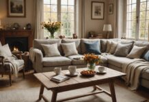 Rentrée : ce que révèle le nouveau mode de vie des Français entre sobriété et convivialité Salon chaleureux et cosy à l'automne, illustrant la sobriété et la convivialité du mode de vie des Français