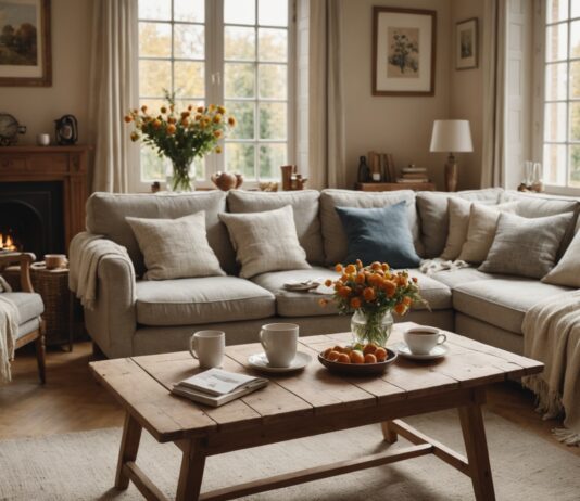 Rentrée : ce que révèle le nouveau mode de vie des Français entre sobriété et convivialité Salon chaleureux et cosy à l'automne, illustrant la sobriété et la convivialité du mode de vie des Français