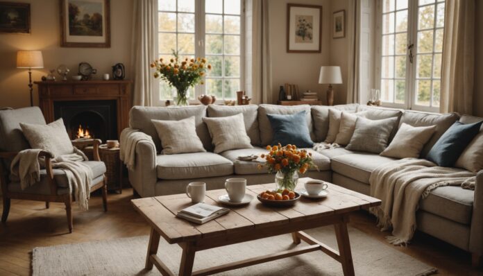 Salon chaleureux et cosy à l'automne, illustrant la sobriété et la convivialité du mode de vie des Français