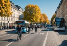 Semaine de la mobilité : les villes françaises testent la vie sans voiture Rue de ville avec cyclistes, piétons et bus pendant une journée sans voiture