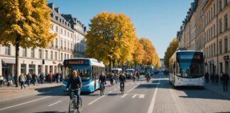 Semaine de la mobilité : les villes françaises testent la vie sans voiture Rue de ville avec cyclistes, piétons et bus pendant une journée sans voiture