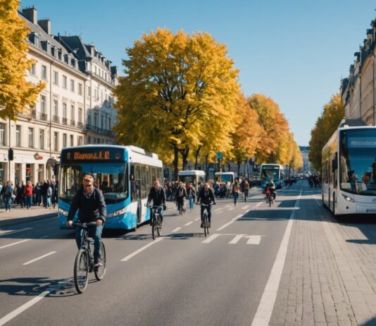 Semaine de la mobilité : les villes françaises testent la vie sans voiture Rue de ville avec cyclistes, piétons et bus pendant une journée sans voiture