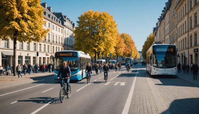Rue de ville avec cyclistes, piétons et bus pendant une journée sans voiture