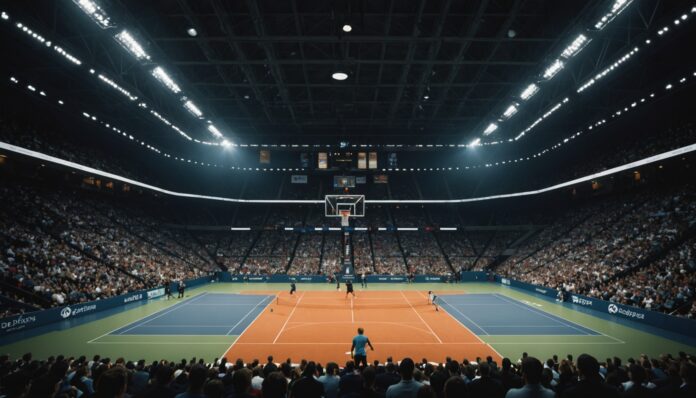 Match de basket disputé dans un stade converti pour la Supercoupe LNB Ambiance de stade lors d'un match de basket professionnel disputé sur un court habituellement dédié au tennis