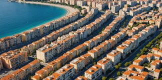 Logement : pourquoi il est désormais plus difficile de louer à Nice qu’à Paris Vue aérienne d'immeubles d'habitation denses le long du littoral de Nice, illustrant la tension locative sur la Côte d'Azur