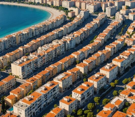 Logement : pourquoi il est désormais plus difficile de louer à Nice qu’à Paris Vue aérienne d'immeubles d'habitation denses le long du littoral de Nice, illustrant la tension locative sur la Côte d'Azur