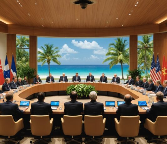 Forum des Îles du Pacifique à Palau : le climat érigé en première menace sécuritaire Illustration d'un sommet diplomatique international réunissant des dirigeants du Pacifique autour des enjeux climatiques et océaniques