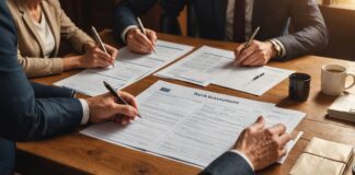 Frais bancaires de succession : ce qui change vraiment pour les héritiers Illustration éditoriale de documents de succession et de calculs financiers sur un bureau en bois