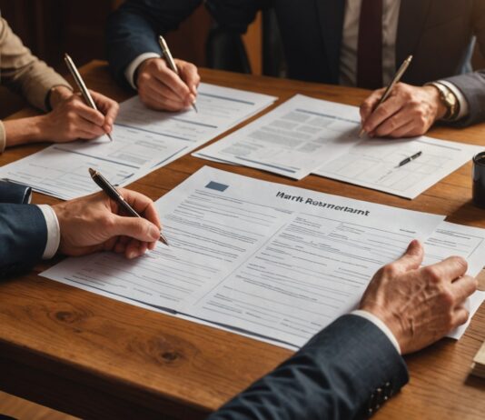 Frais bancaires de succession : ce qui change vraiment pour les héritiers Illustration éditoriale de documents de succession et de calculs financiers sur un bureau en bois